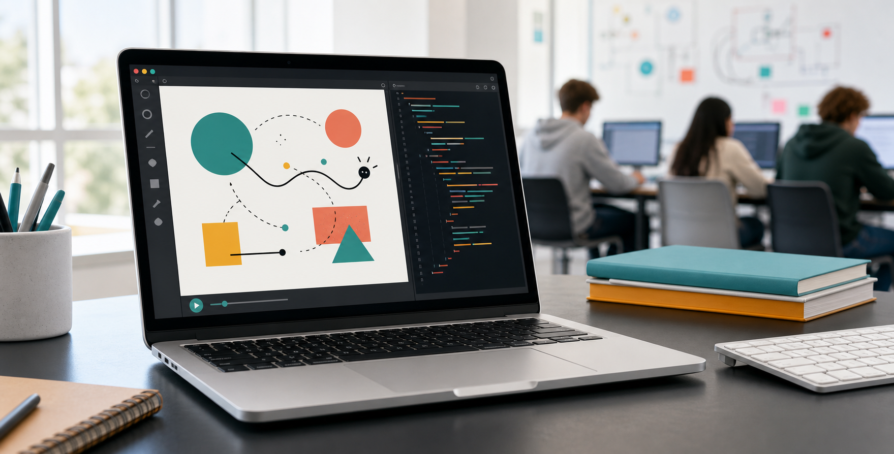 ノートパソコン上で図形とコードが表示されているDrawPadのイメージ